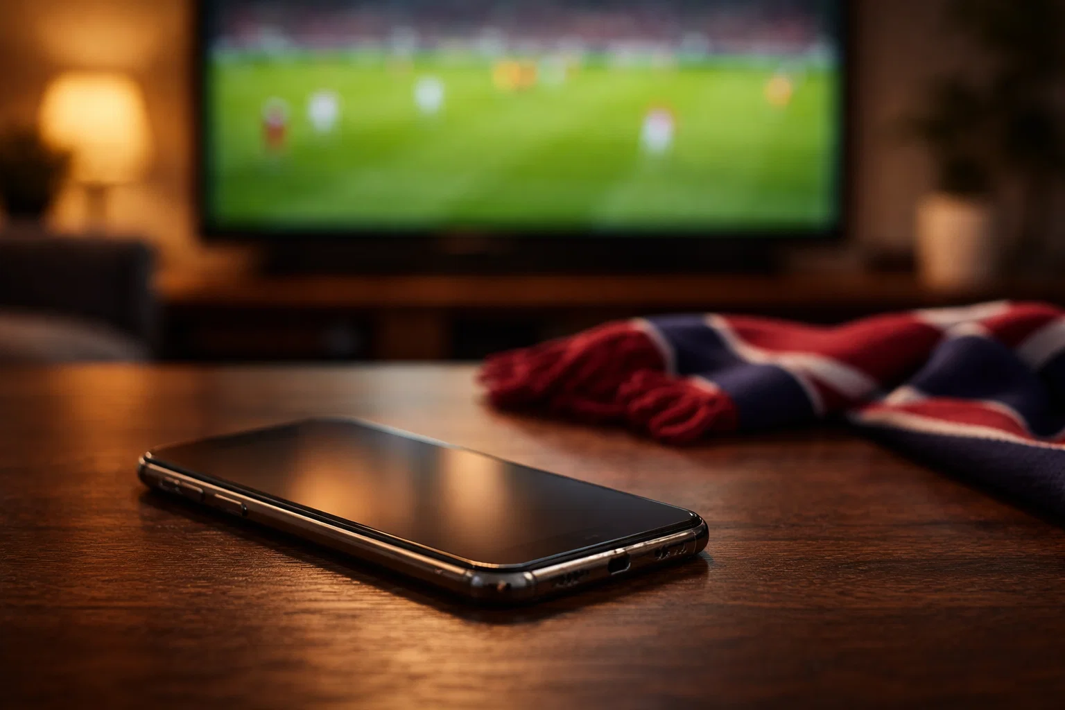 Smartphone appoggiato su un tavolo con campo da calcio sfocato sullo sfondo