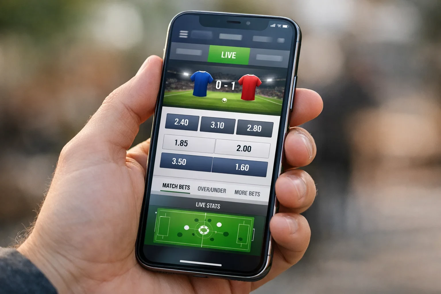 Mano che tiene smartphone con applicazione di scommesse sportive aperta