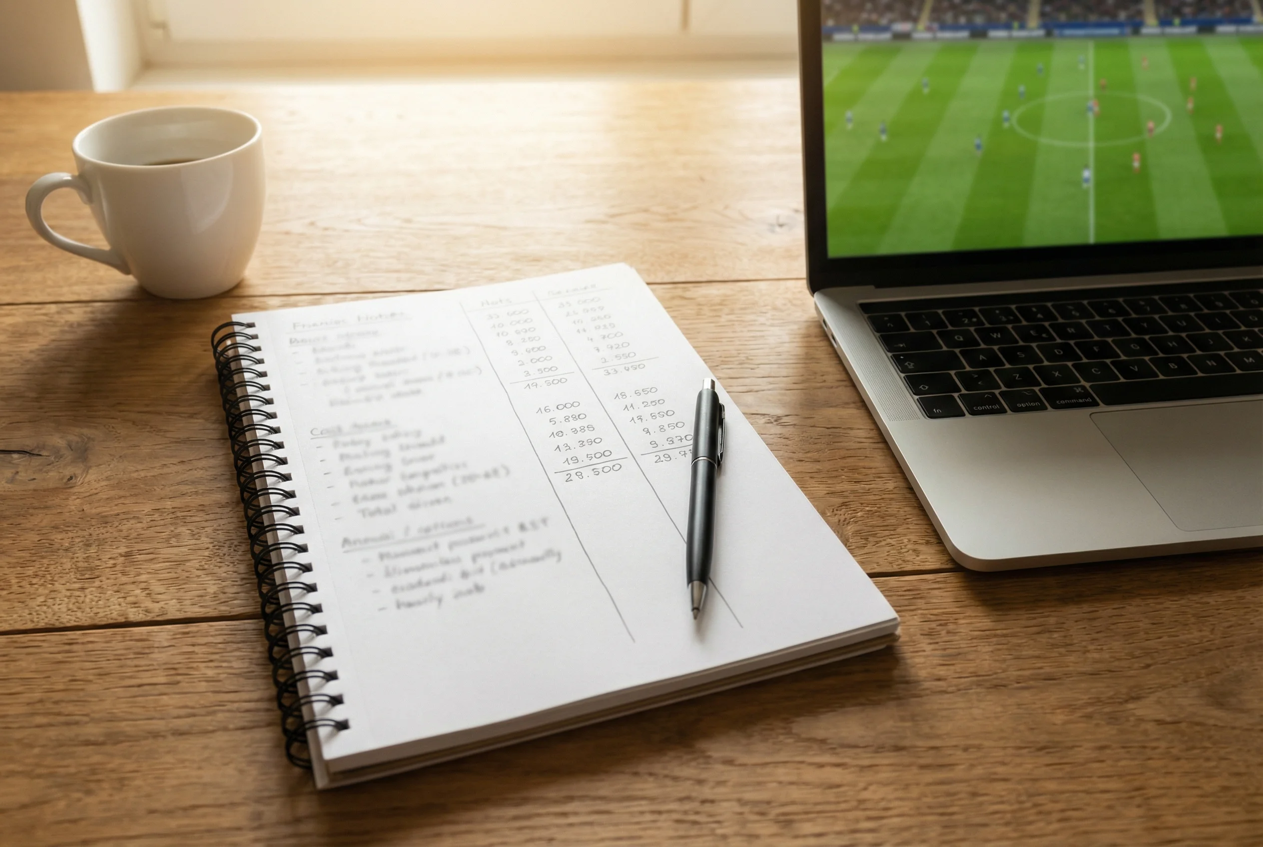 Quaderno aperto con appunti e penna su una scrivania accanto a un laptop con partita di calcio