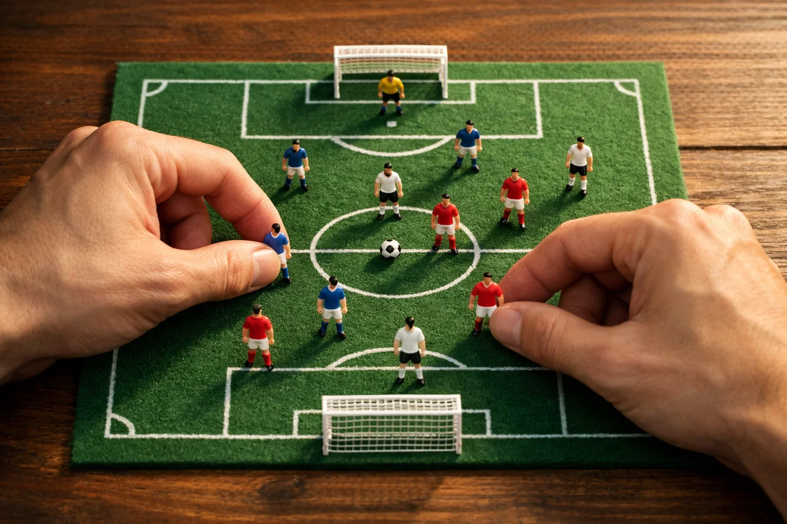 Mani che compongono pedine su un campo da calcio in miniatura visto dall'alto