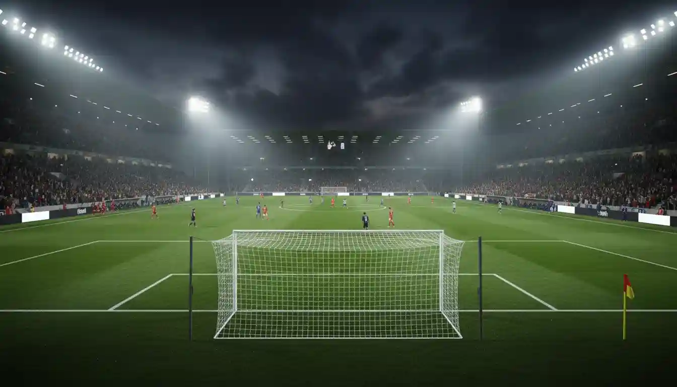 Campo da calcio europeo durante una partita notturna di Champions League