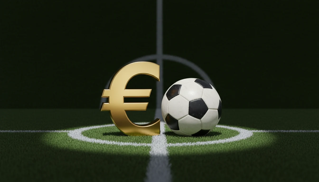 Simbolo euro dorato con pallone da calcio su sfondo verde