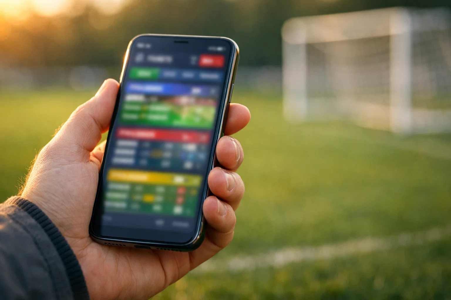Mano che tiene uno smartphone con schedina calcio davanti a un campo da gioco