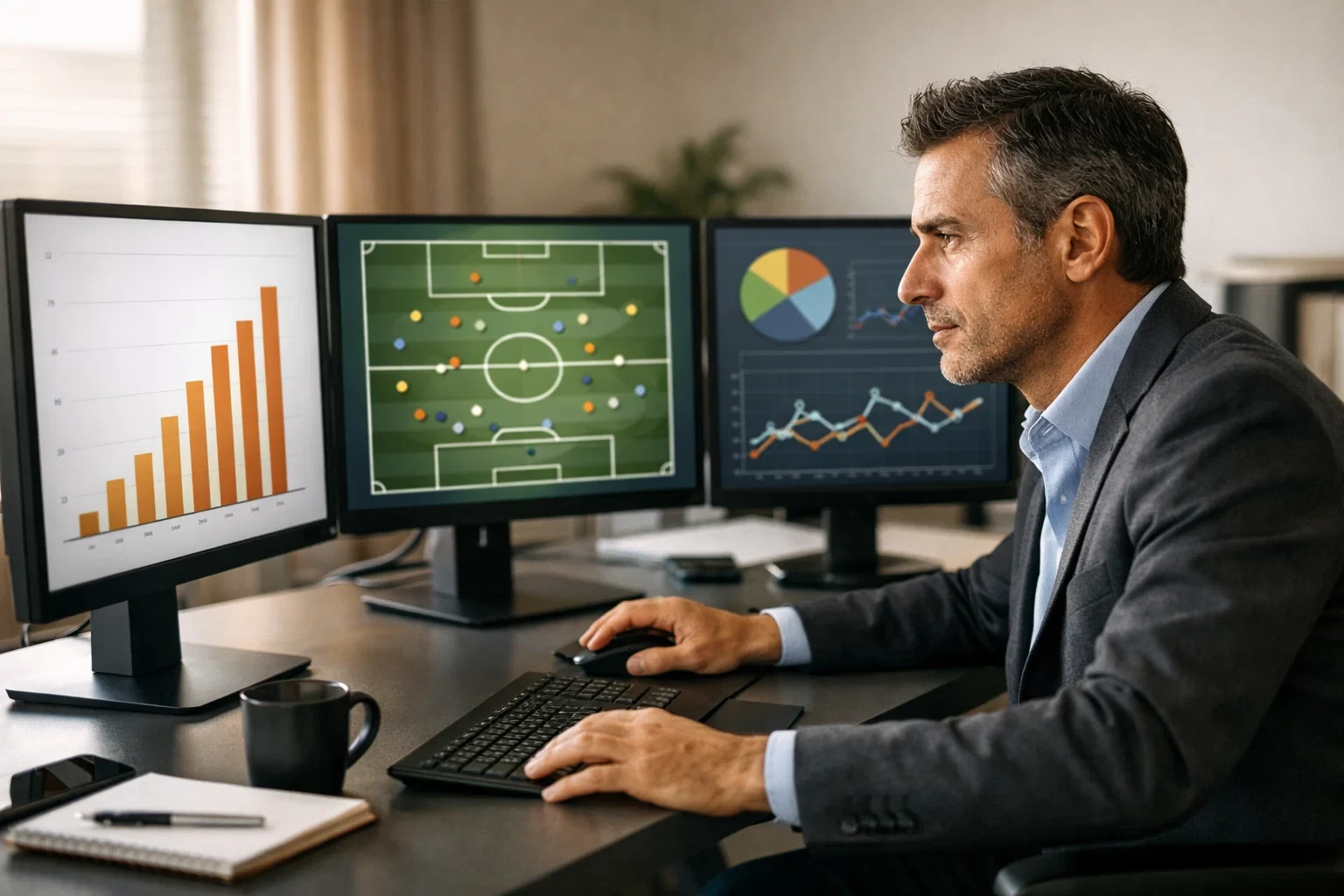 Analista che studia statistiche calcistiche su monitor con dati e percentuali