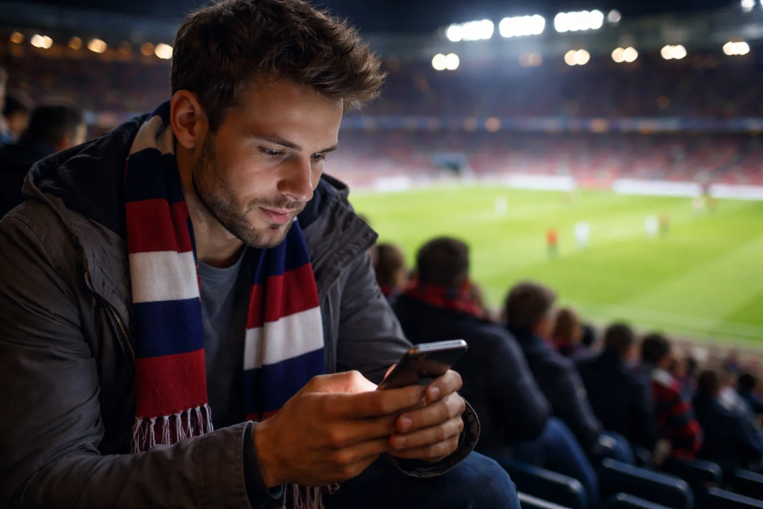 Tifoso sugli spalti di uno stadio di calcio che guarda lo smartphone durante la partita