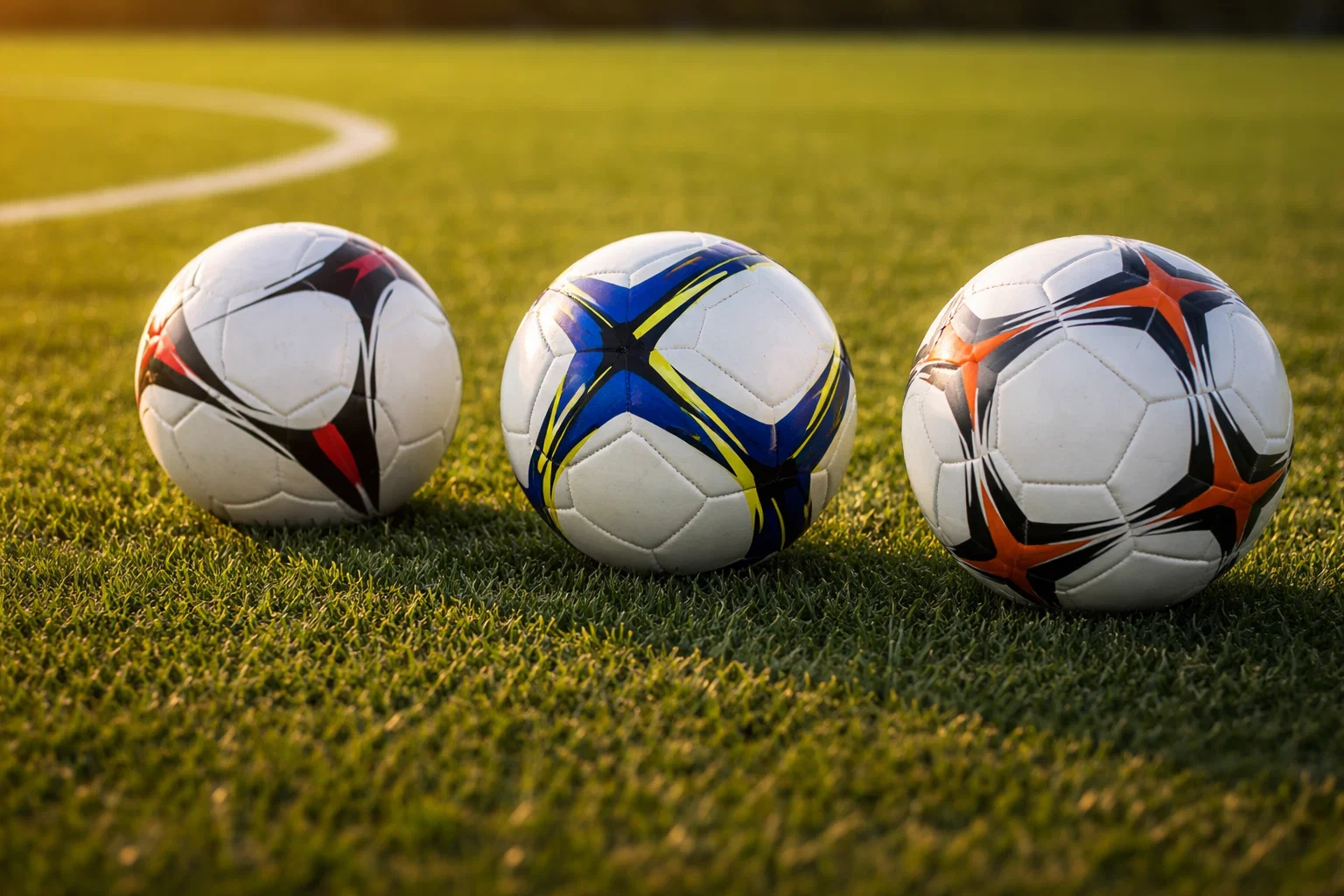 Tre palloni da calcio allineati su un campo in erba naturale illuminato dal sole