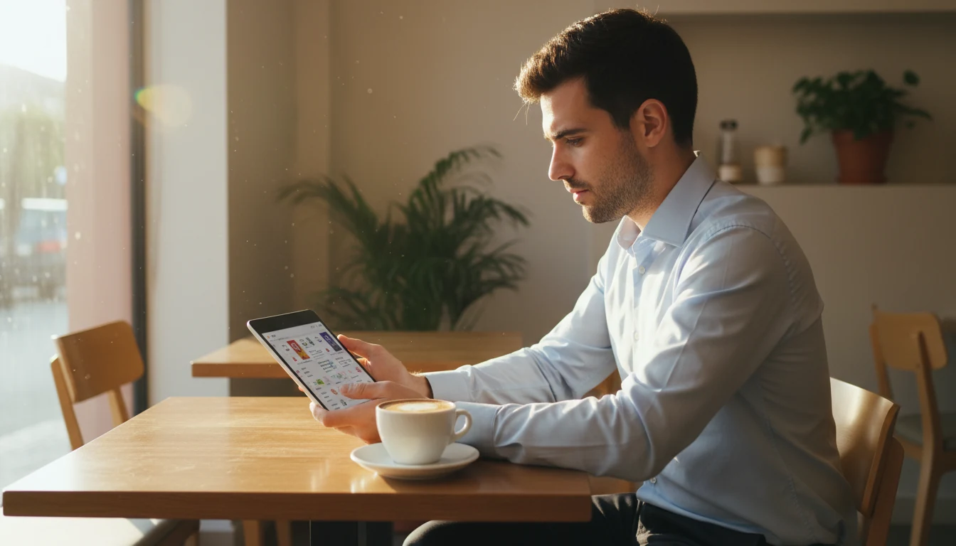 Persona che confronta offerte di diversi operatori su tablet e smartphone