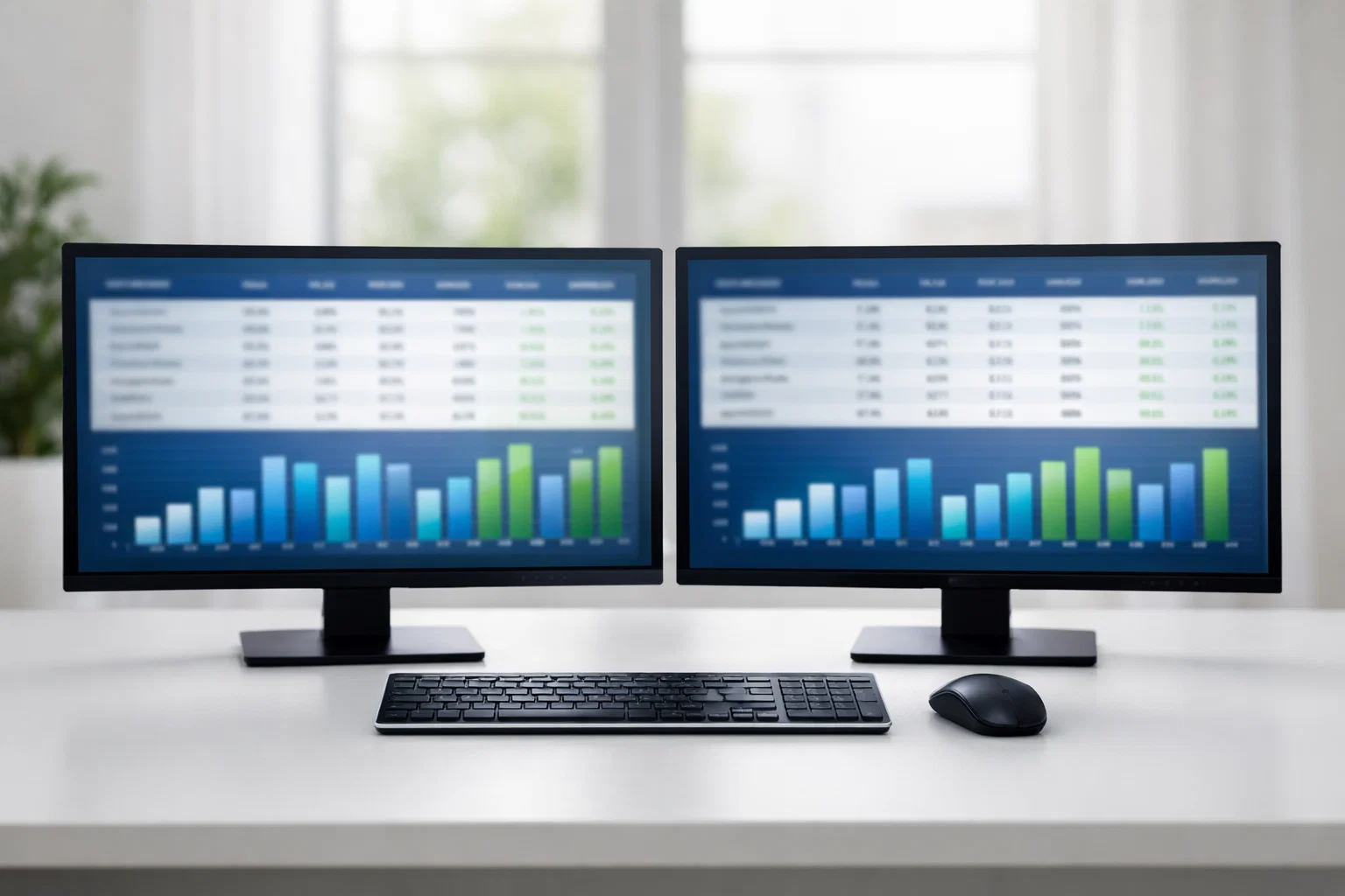 Due schermi affiancati che mostrano grafici e numeri in un ambiente luminoso
