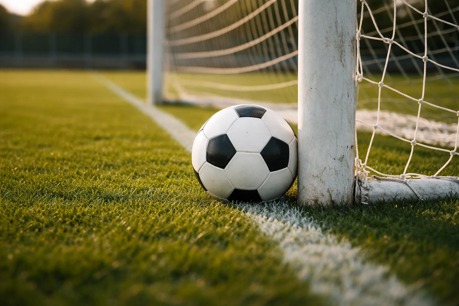 Pallone da calcio fermo contro il palo della porta su un campo in erba naturale