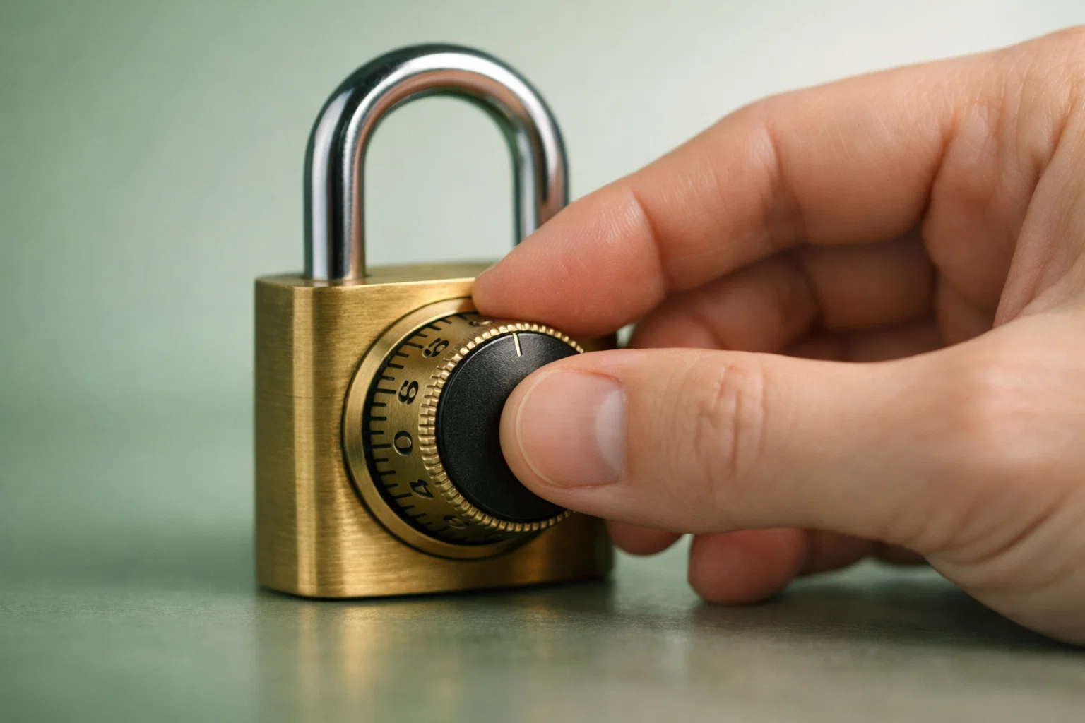 Mano che regola un lucchetto a combinazione su sfondo verde con luce morbida