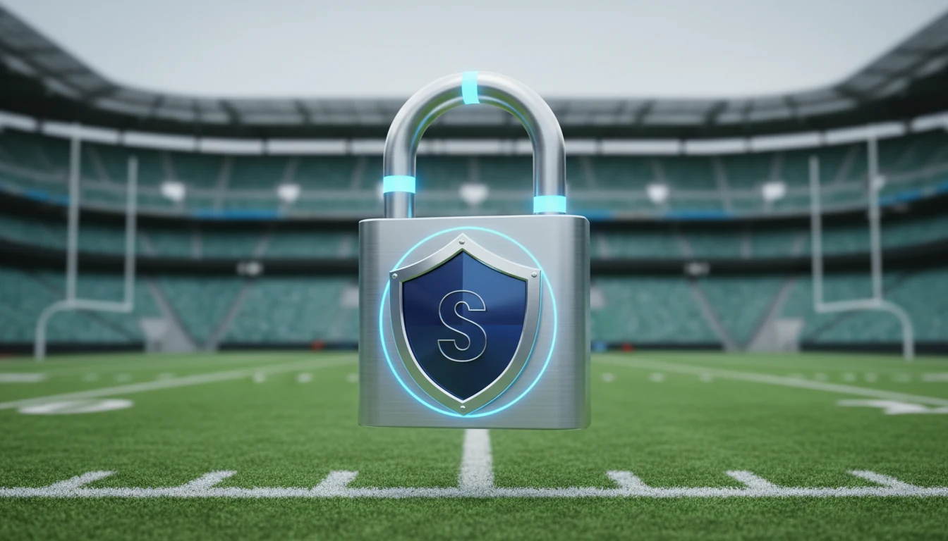 Lucchetto digitale con logo ADM su sfondo di campo da calcio