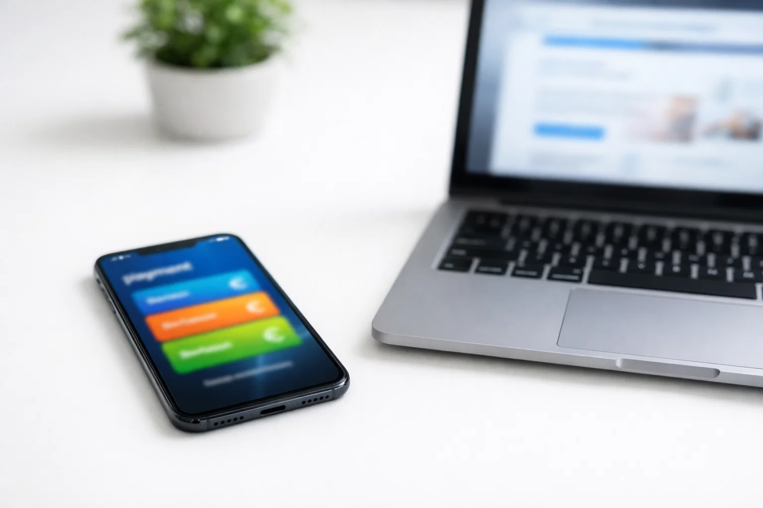 Smartphone con app di pagamento aperta accanto a un laptop su una scrivania ordinata