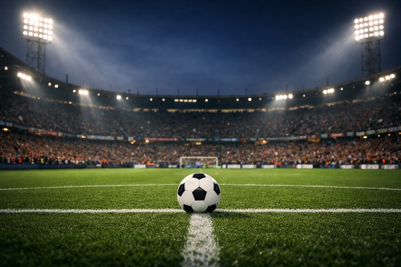 Stadio di calcio illuminato durante una partita serale di Serie A