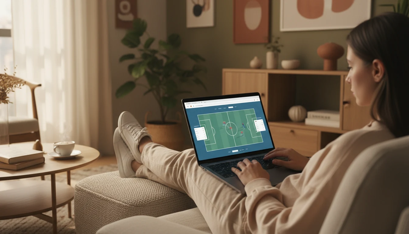 Persona che utilizza laptop per scommesse sportive in ambiente domestico moderno