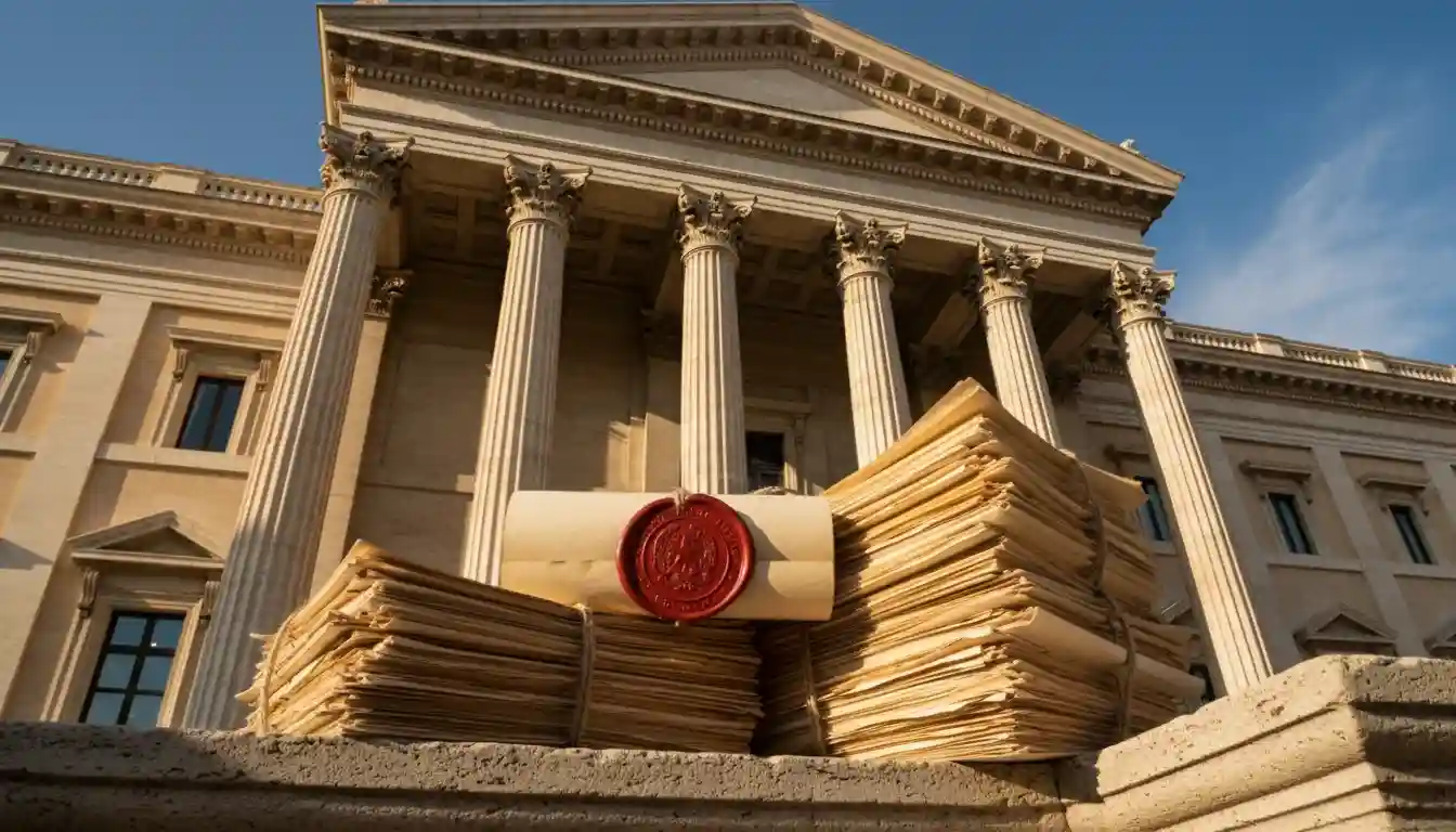 Edificio istituzionale italiano con documenti ufficiali e timbro