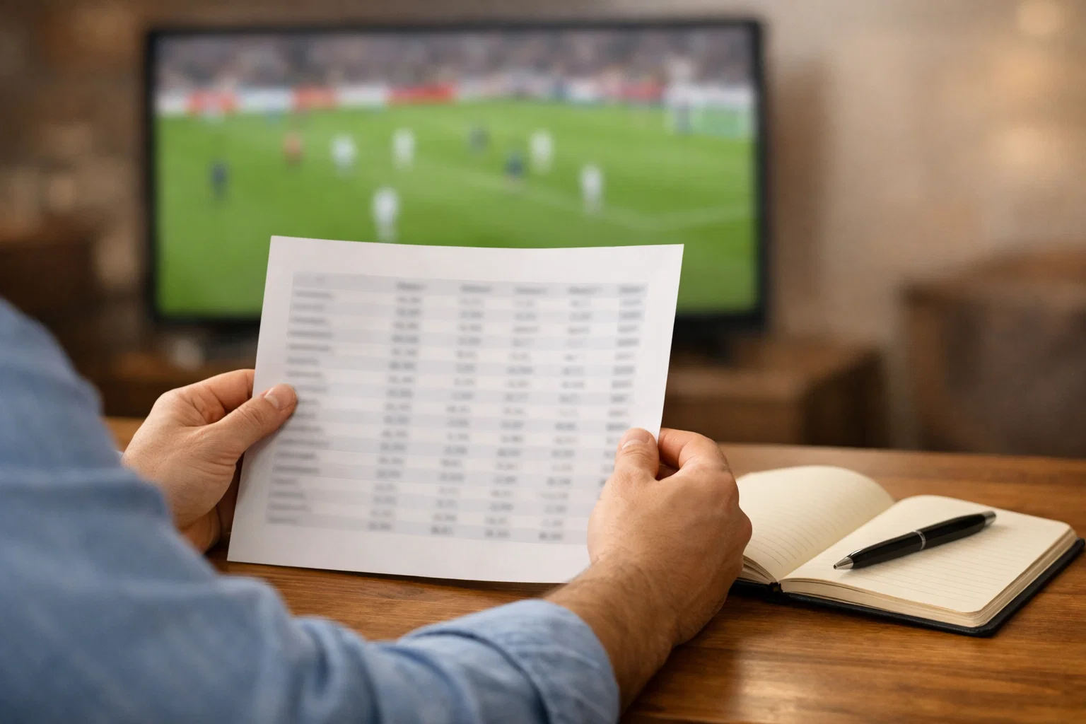 Persona che analizza dati sportivi su un foglio con partite di calcio in sottofondo