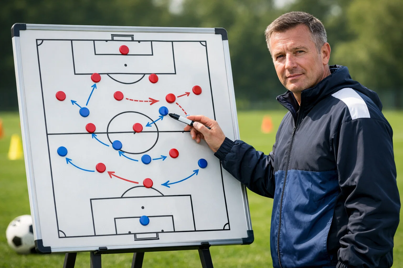 Allenatore di calcio che studia la lavagna tattica a bordo campo durante l'allenamento