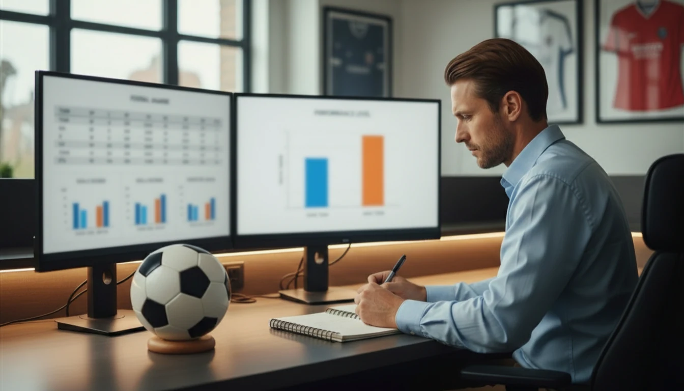 Analista sportivo che studia statistiche di calcio su monitor