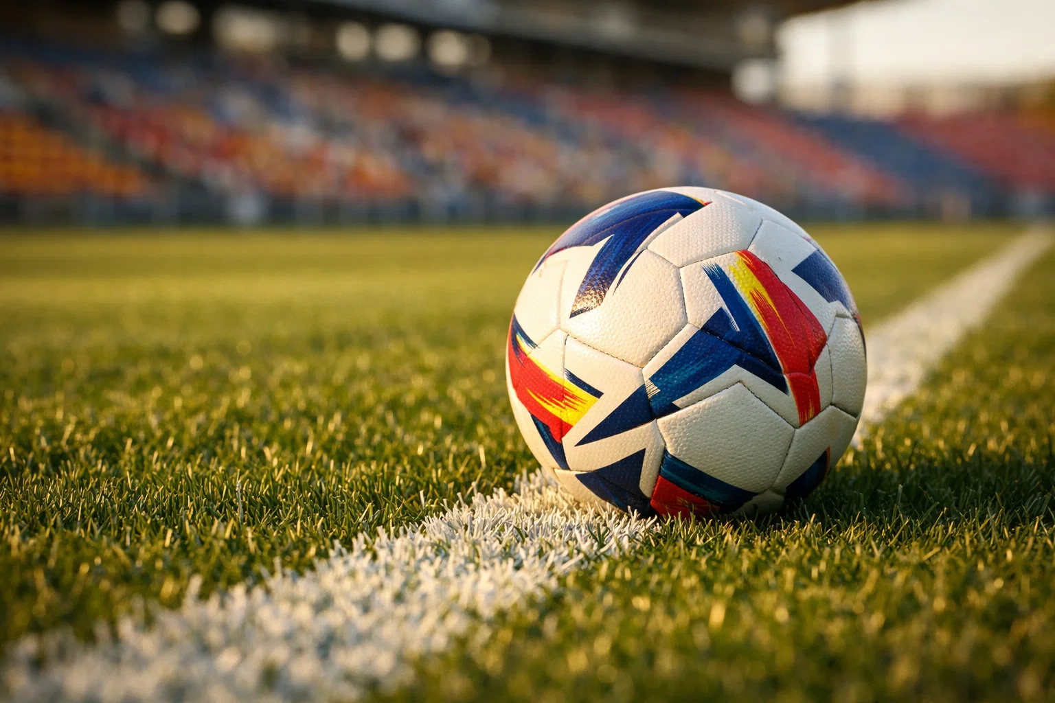 Pallone da calcio sul prato verde di uno stadio di Serie A prima del fischio d'inizio