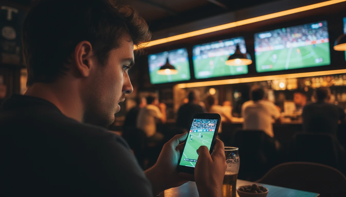 Tifoso che segue una partita di calcio in diretta su smartphone con quote live