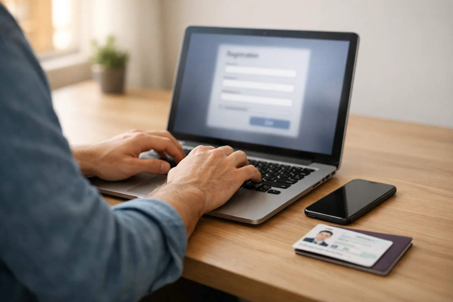 Persona seduta alla scrivania che compila un modulo di registrazione al computer