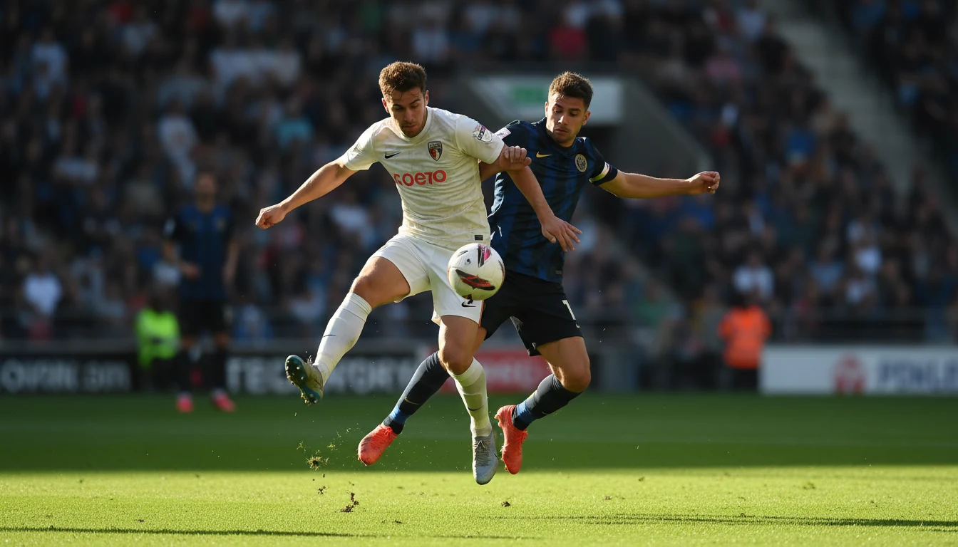 Partita di calcio su campo verde con giocatori in azione e pubblico sullo sfondo