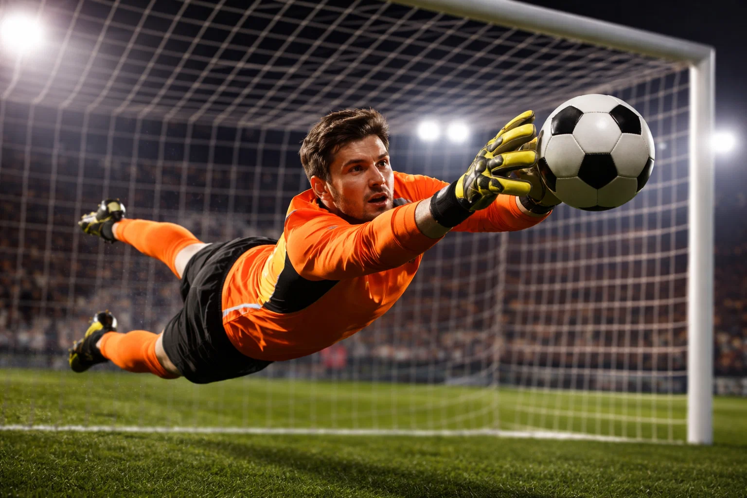 Portiere di calcio in tuffo durante una parata spettacolare sotto i riflettori dello stadio