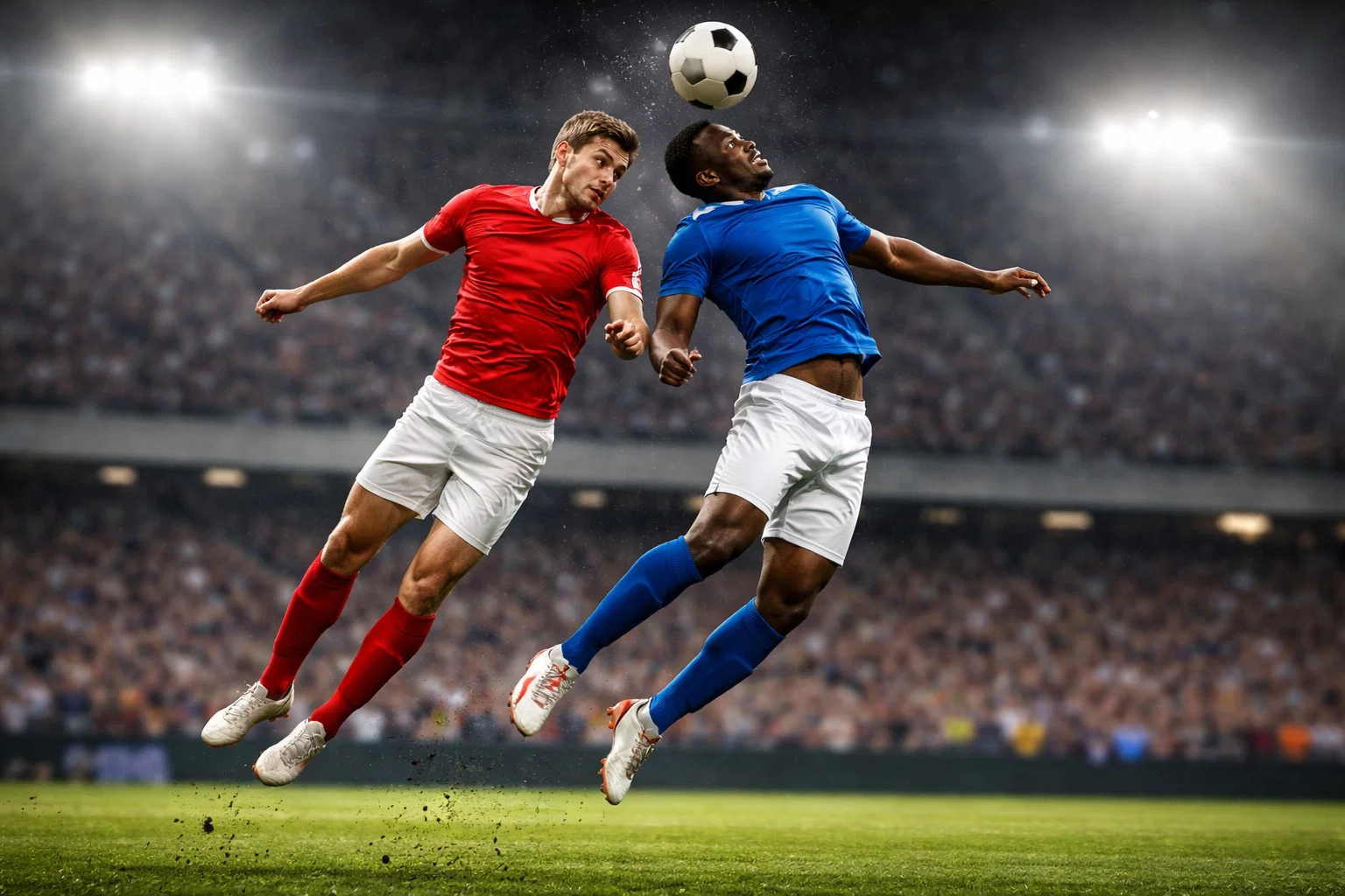 Giocatori di calcio in contrasto aereo durante una partita su un campo in erba naturale