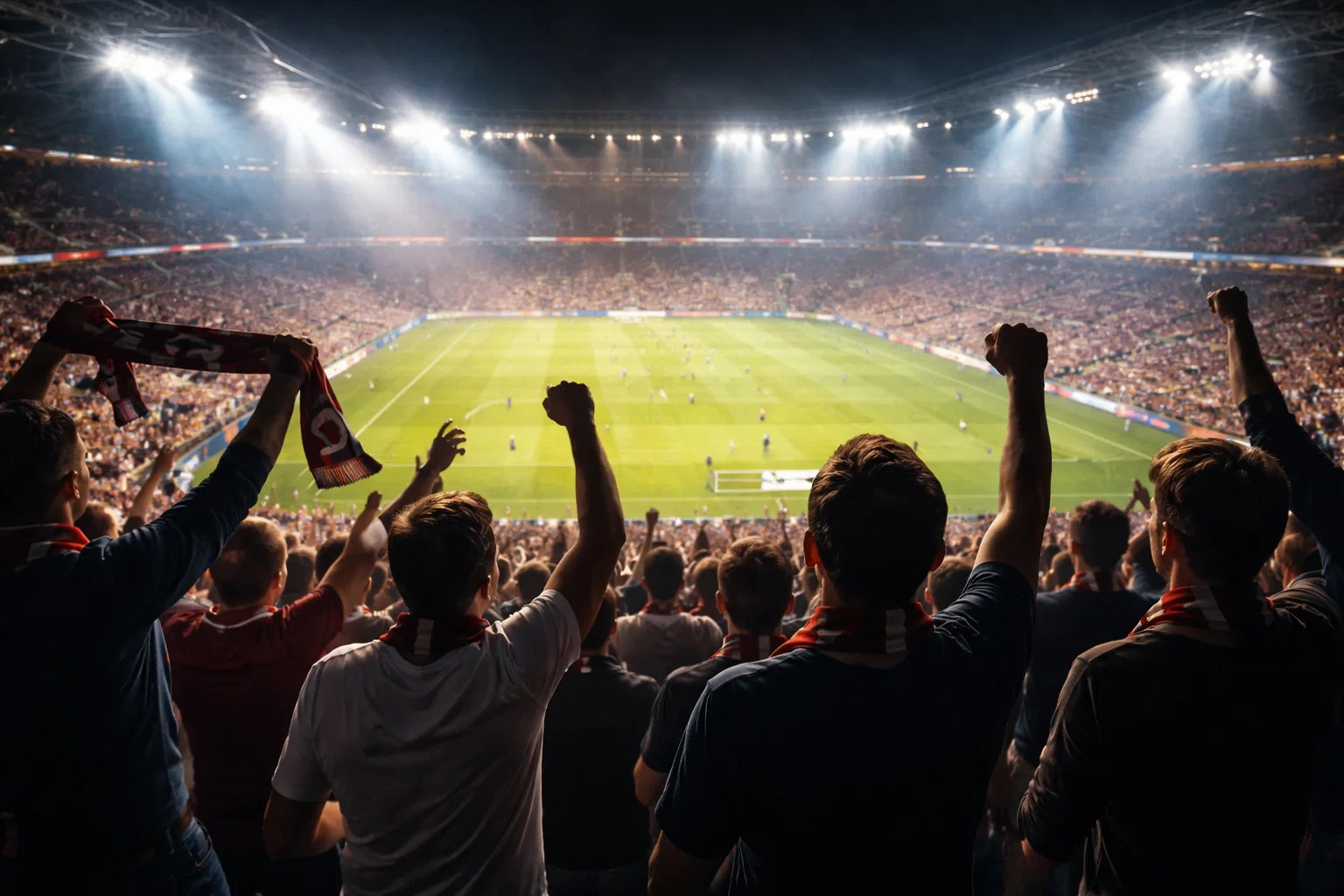 Tifosi allo stadio seguono una partita di calcio serale sotto i riflettori