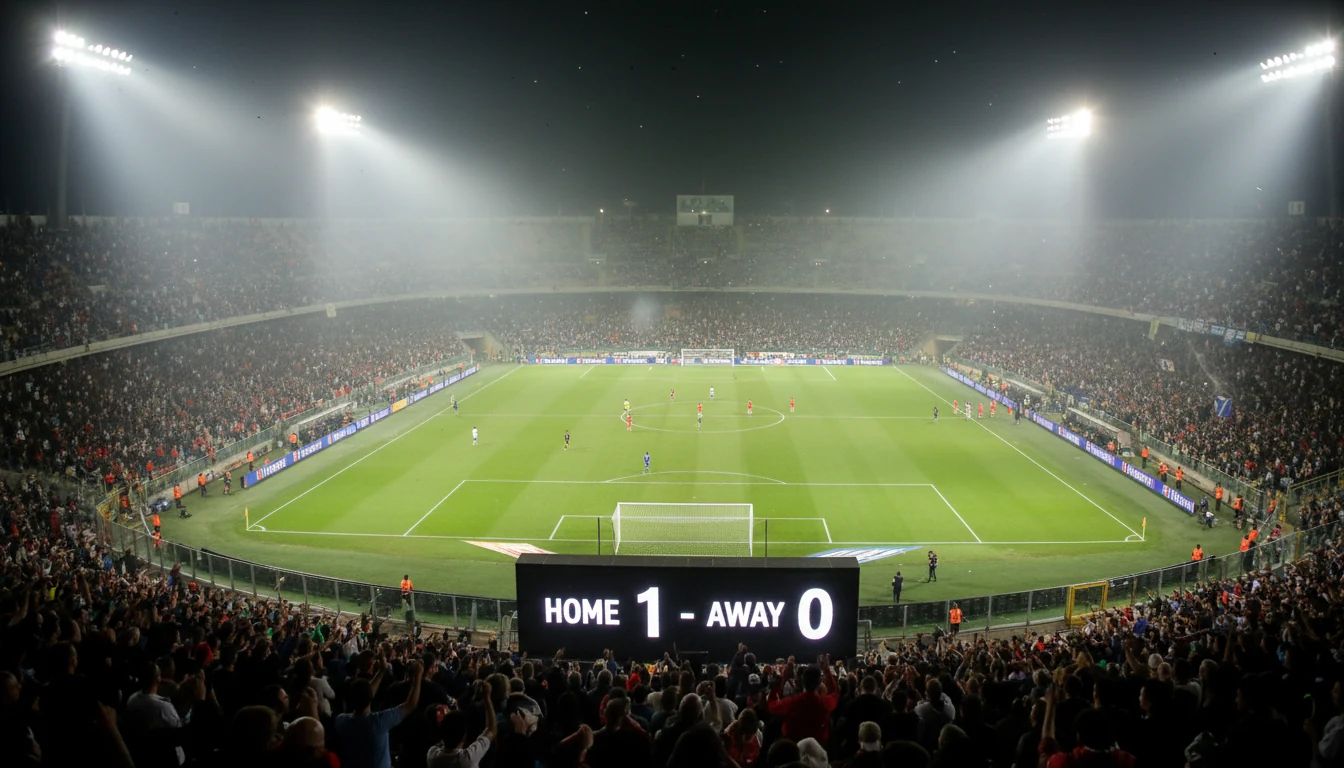 Stadio di calcio durante una partita serale con maxischermo che mostra il punteggio