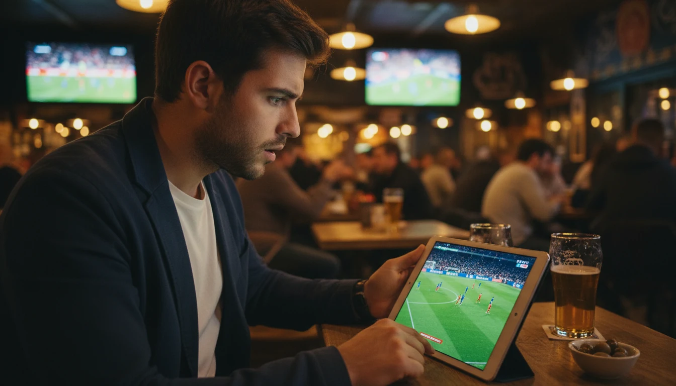 Tifoso che guarda partita di calcio in diretta su tablet mentre consulta quote