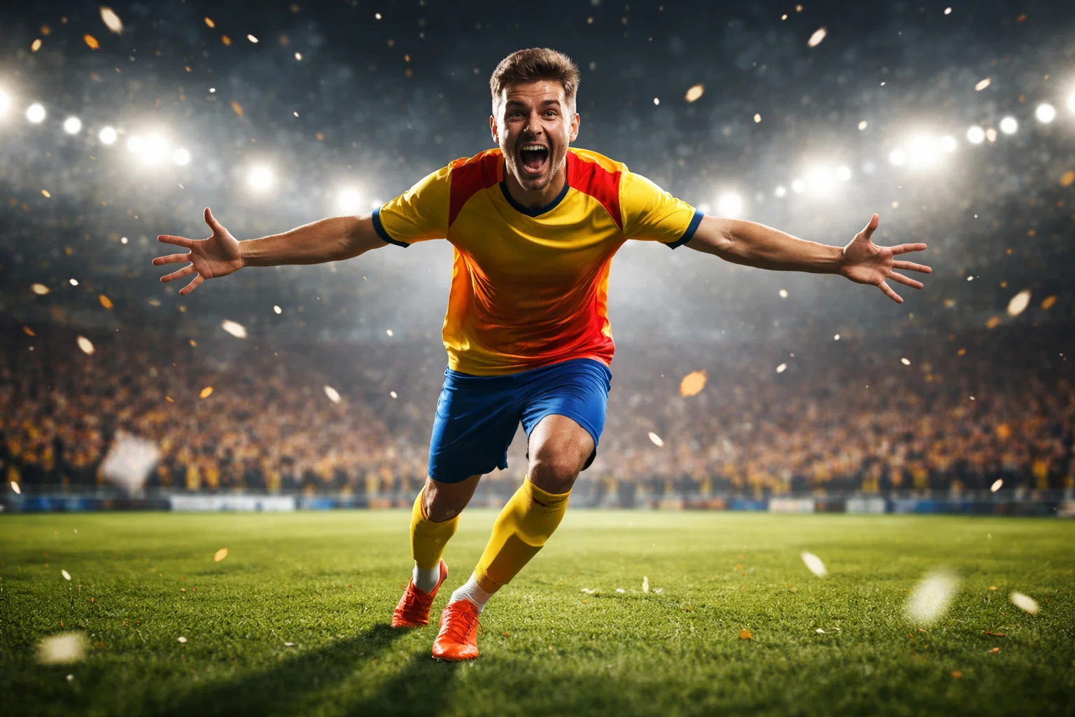 Attaccante di calcio che esulta dopo un gol sotto i riflettori dello stadio