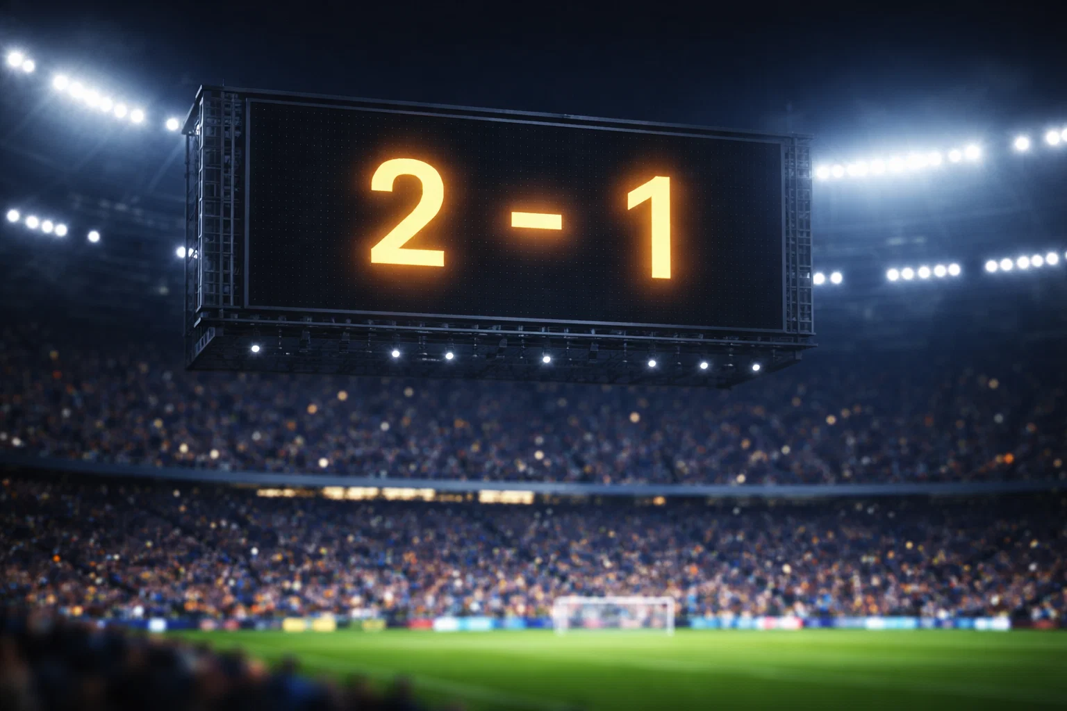 Tabellone luminoso dello stadio che mostra il punteggio di una partita di calcio serale