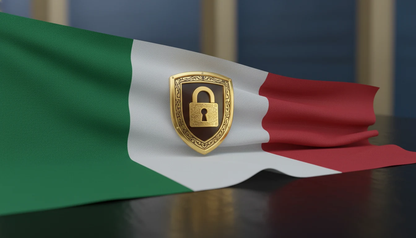 Bandiera italiana con simbolo di sicurezza e scudo protettivo