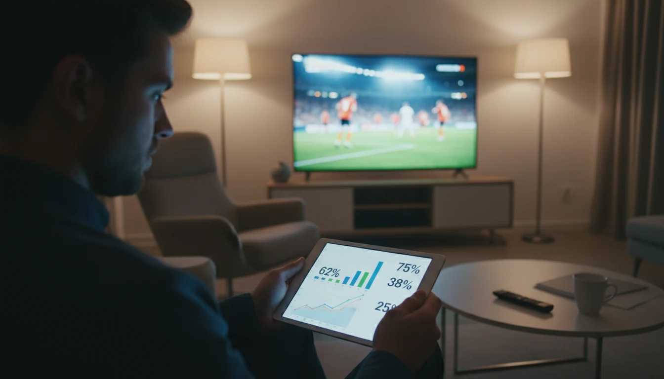Persona concentrata che analizza statistiche di calcio su tablet durante una partita