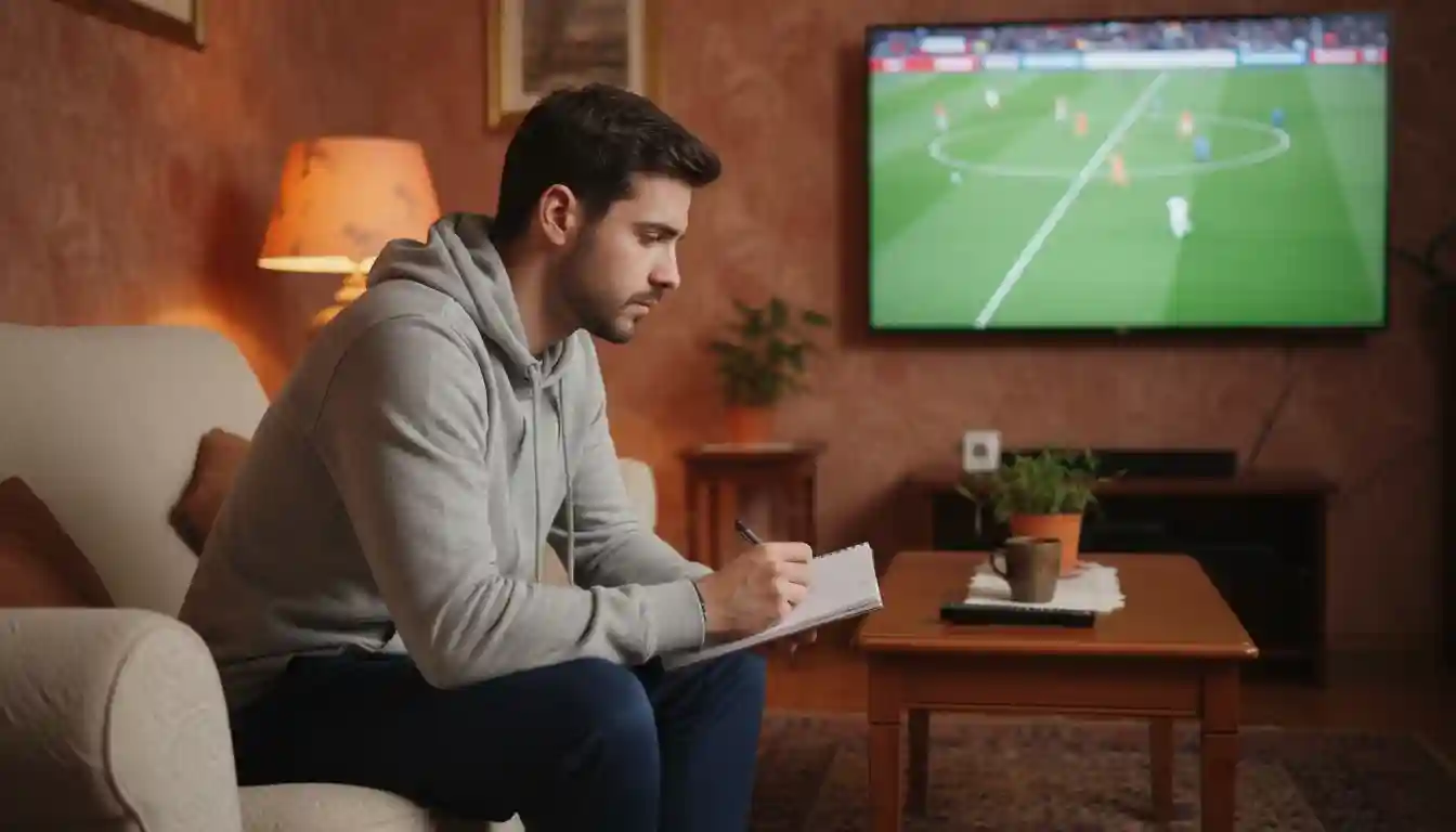 Persona concentrata che prende appunti su un blocco note mentre guarda una partita