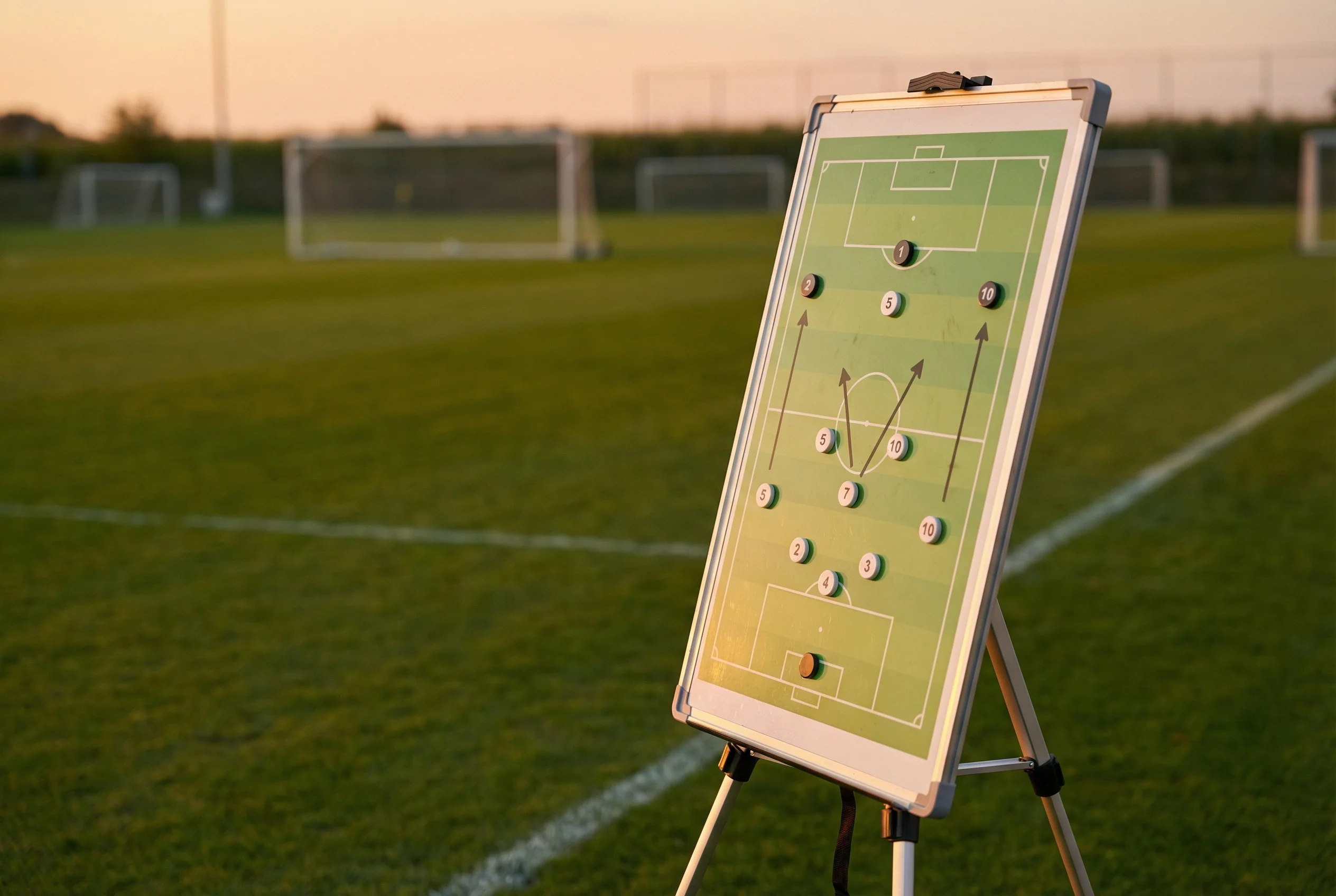 Lavagna tattica da calcio con schema di gioco disegnato e pallone sul campo sullo sfondo