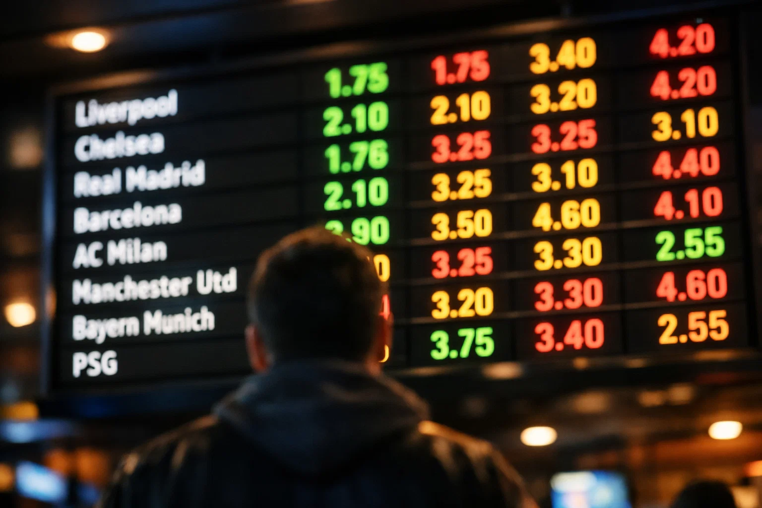 Primo piano di un tabellone con quote di scommesse sportive in uno stadio di calcio